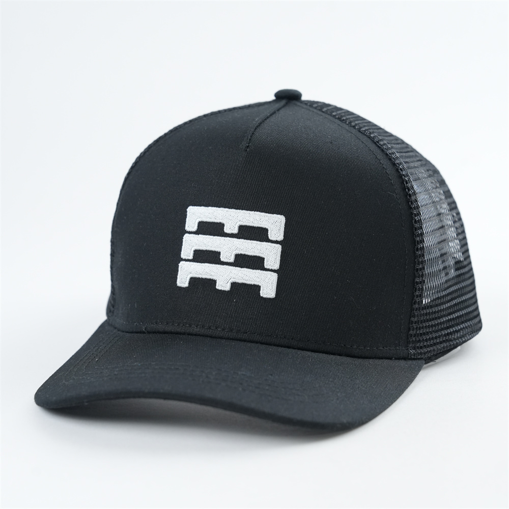 Black 5 Panel Mesh Trucker Cap with White Embroidered Logo
