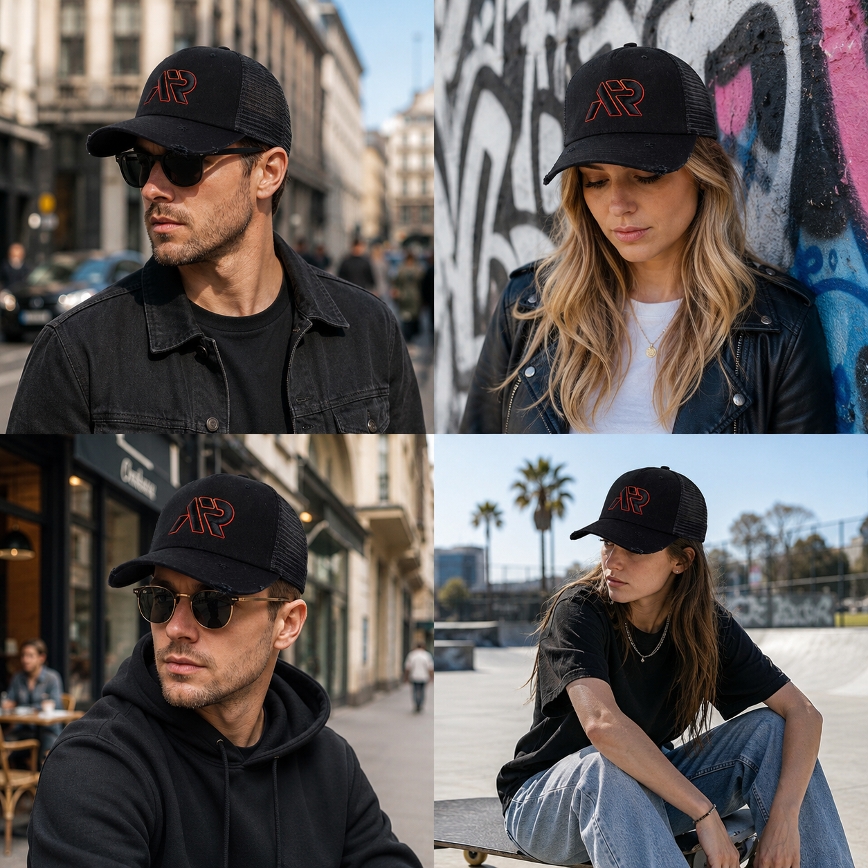Black Red Logo Embroidered Mesh Trucker Hat