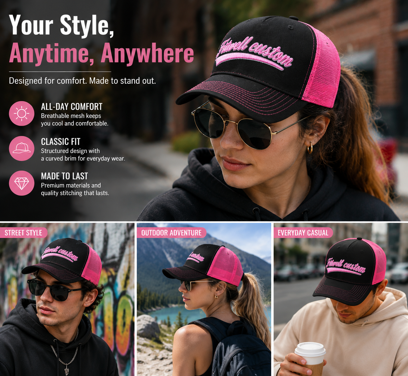 Black Pink Script Embroidered Mesh Trucker Cap