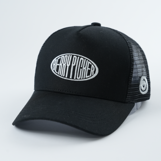 Black Mesh Trucker Cap with White Oval Embroidered Letter Logo
