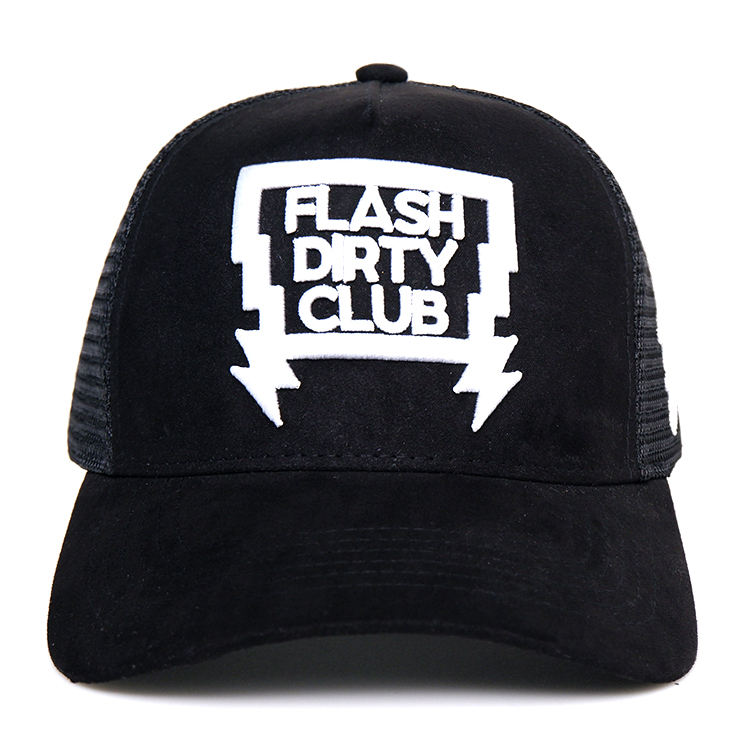 Black Suede Front Mesh Trucker Cap with Bold White Embroidered Graphic