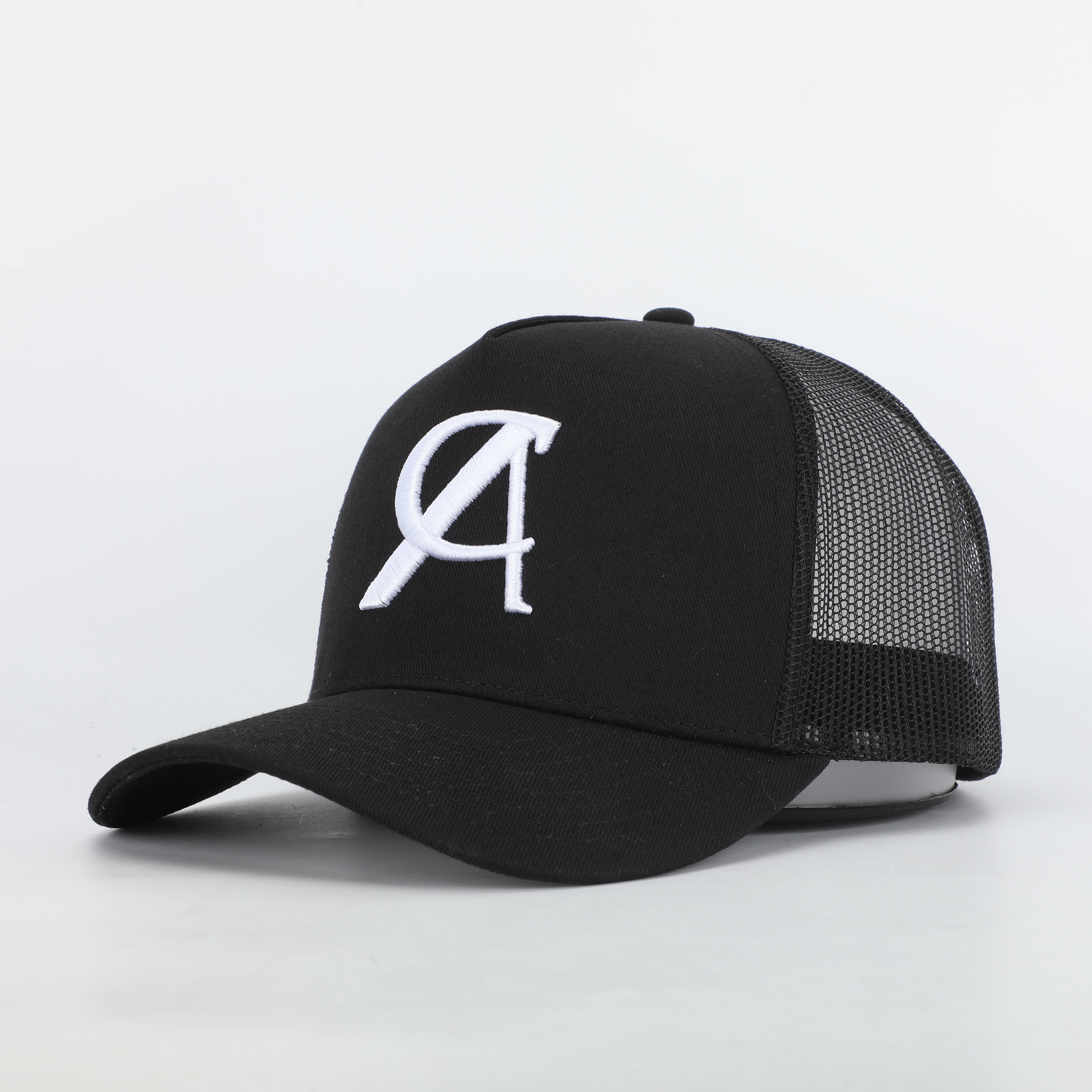 Black Mesh Trucker Hat with White Embroidered A Logo
