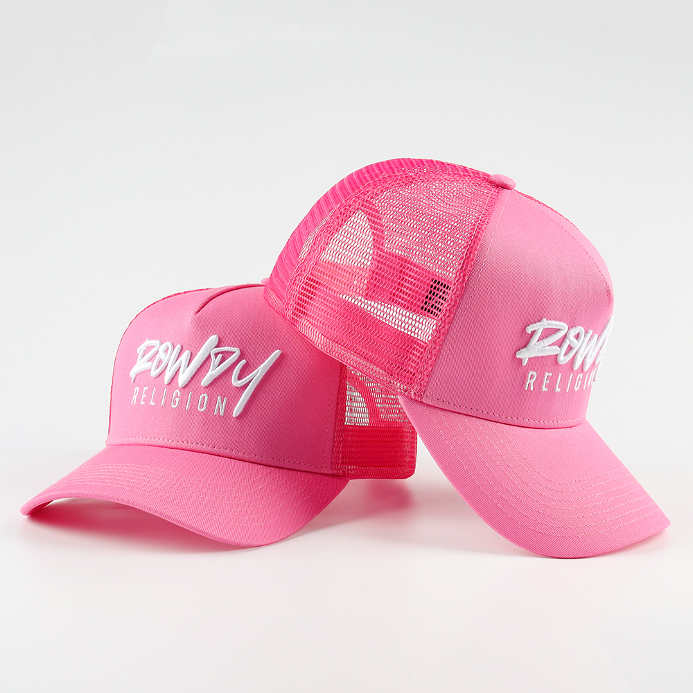 Bright Pink 5-Panel Mesh Trucker Cap with White Script Embroidery