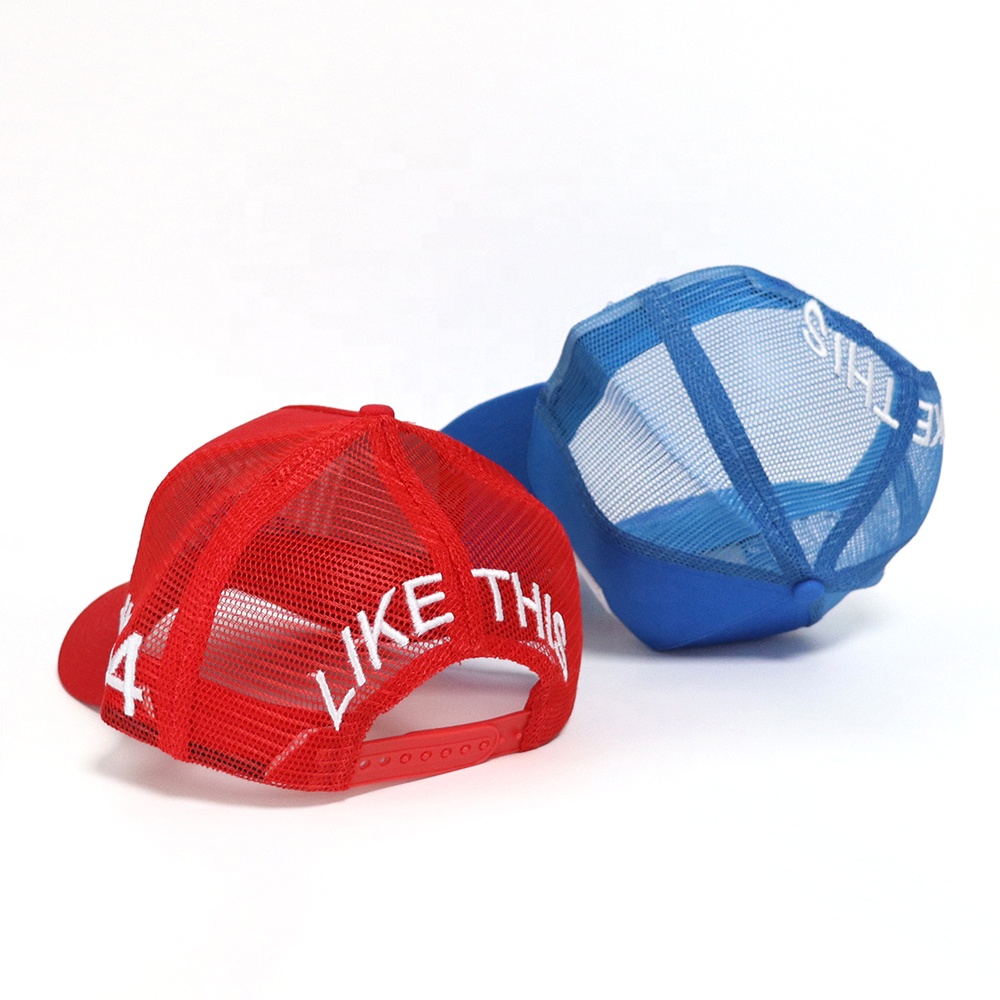 Red and Blue 5-Panel Mesh Trucker Hats with 3D Embroidery