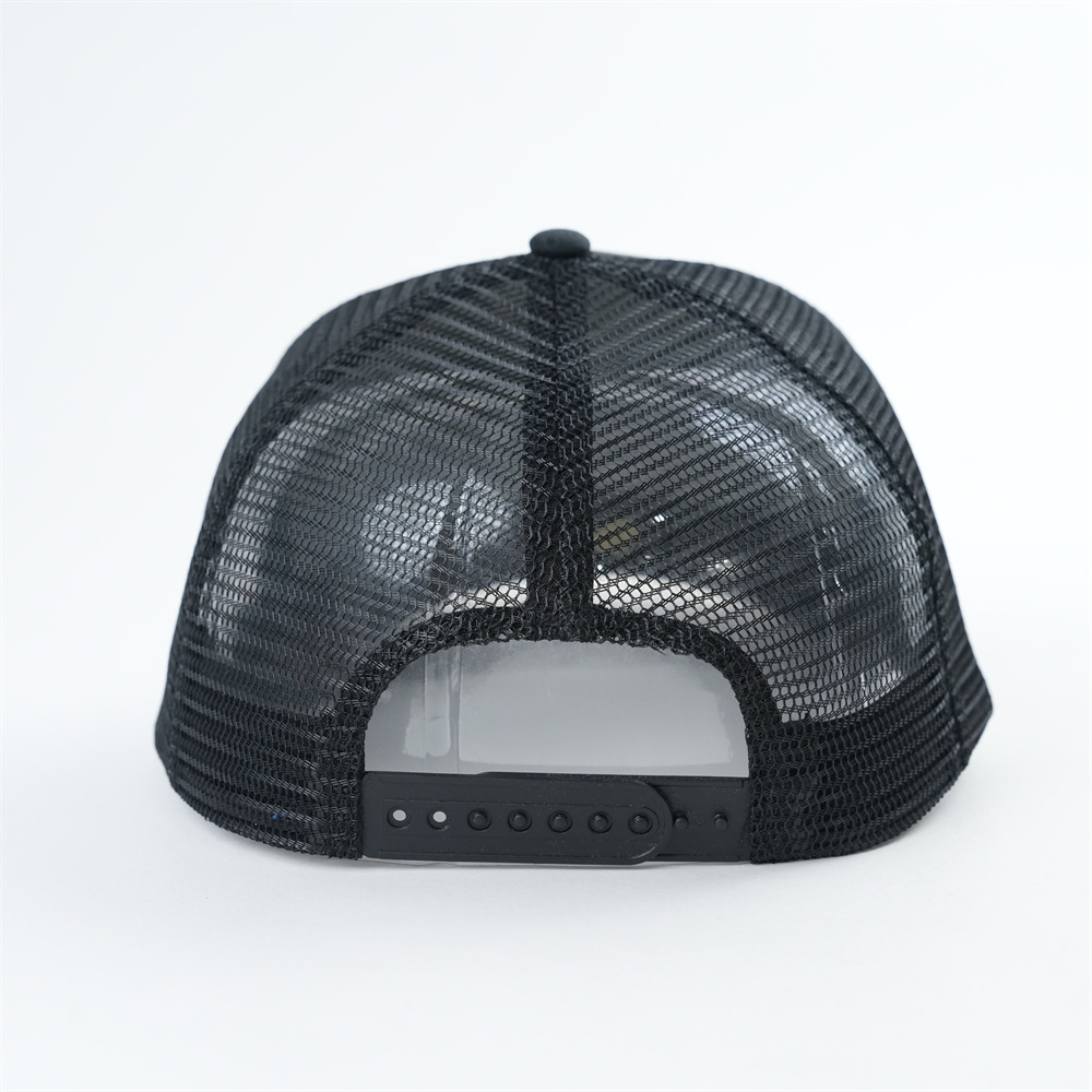 Black 5 Panel Mesh Trucker Cap with White Embroidered Logo