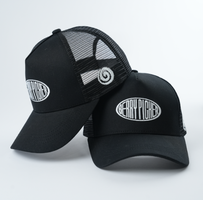 Black Mesh Trucker Cap with White Oval Embroidered Letter Logo