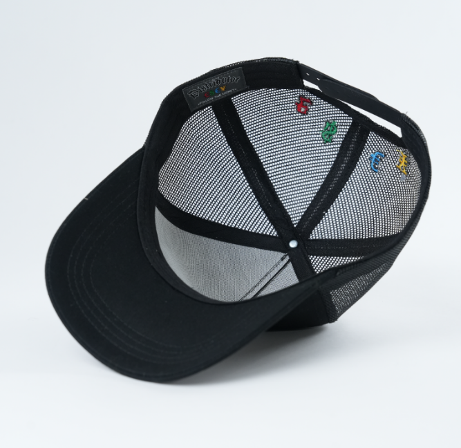 Black 5 Panel Trucker Hat with Embroidered Disturb LSXY Logo