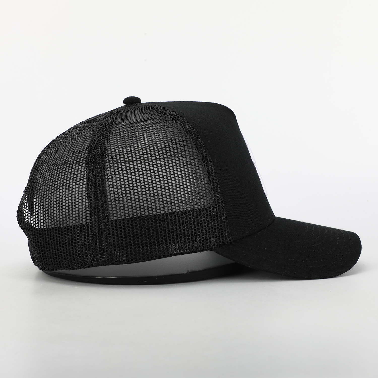 Black Mesh Trucker Cap with White Raised Logo Embroidery
