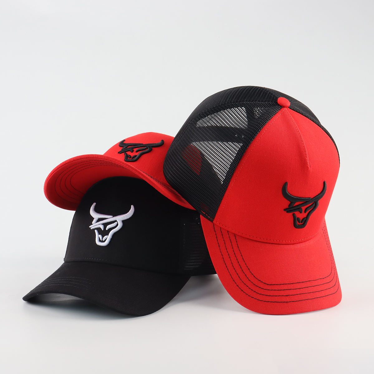 Red and Black Bull Logo Embroidered Mesh Trucker Cap
