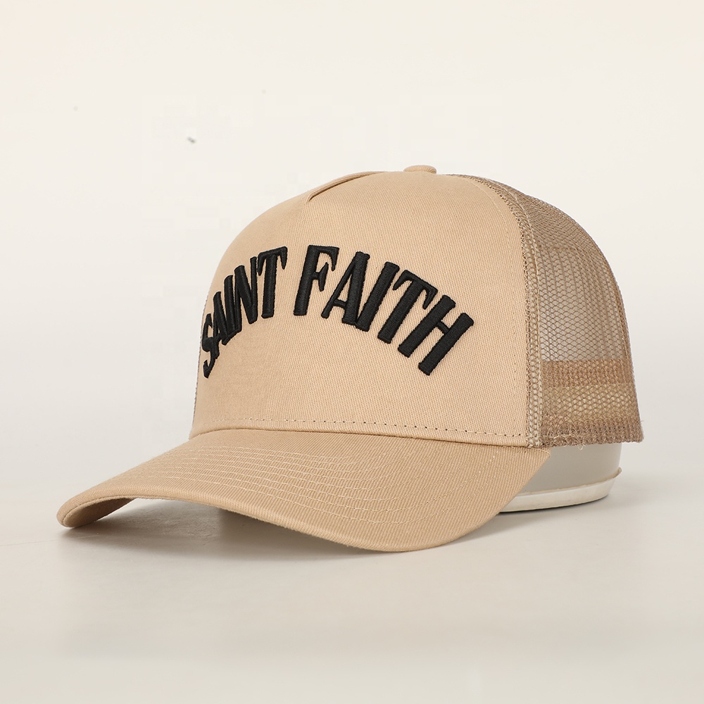 SAINT FAITH Beige 5-Panel Cotton Mesh Trucker Hat with Embroidered Letter Logo
