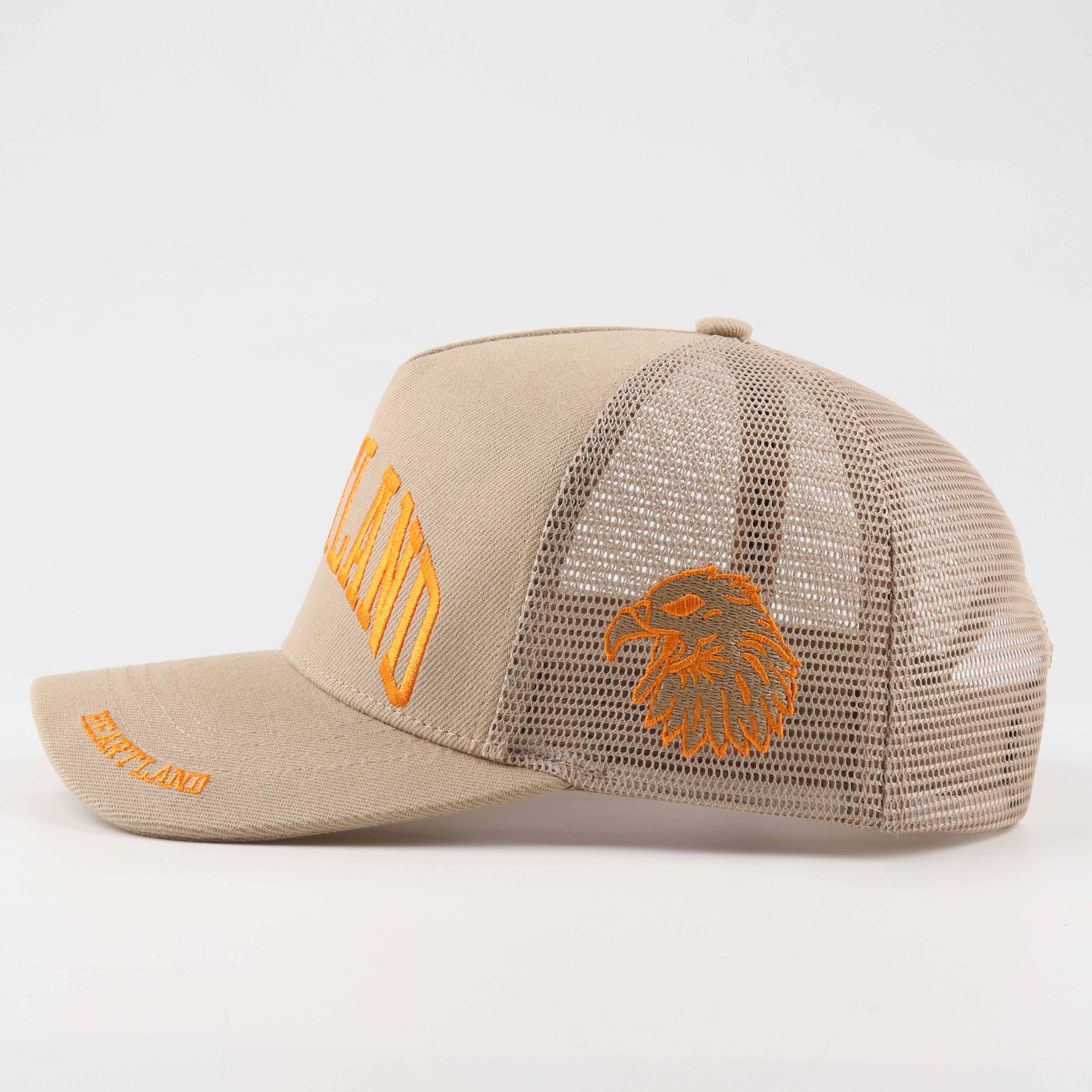 Heartland Orange Embroidered Beige Mesh Trucker Cap