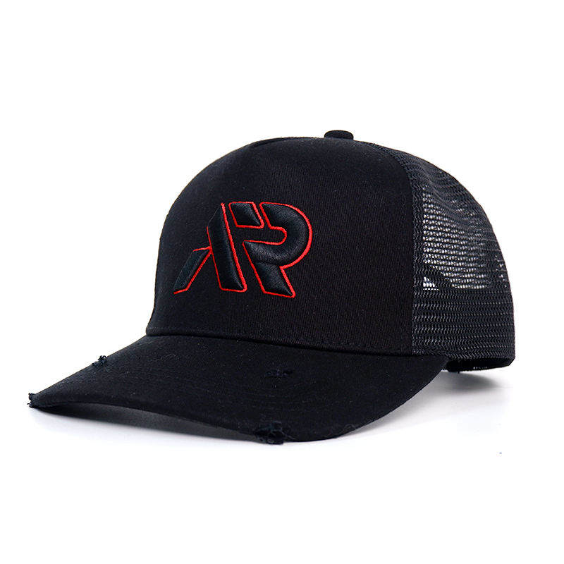 Black Red Logo Embroidered Mesh Trucker Hat
