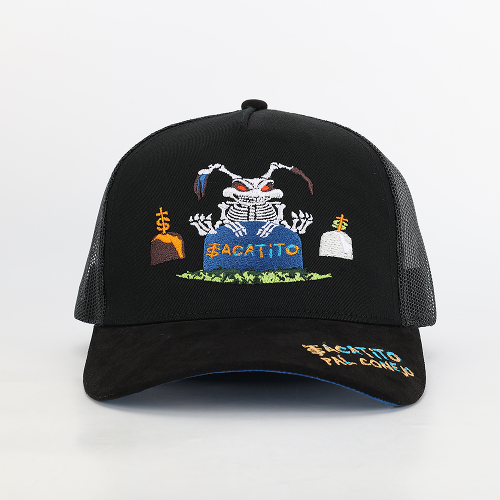 Black 5-Panel Mesh Trucker Cap with Skeleton Graveyard Embroidery – Curved Brim Streetwear Hat