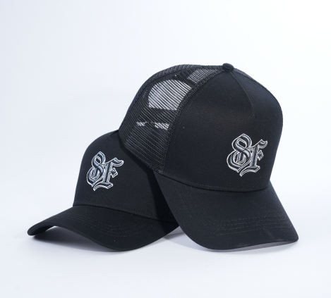 Black Mesh Trucker Cap with Embroidered Gothic Letter Logo