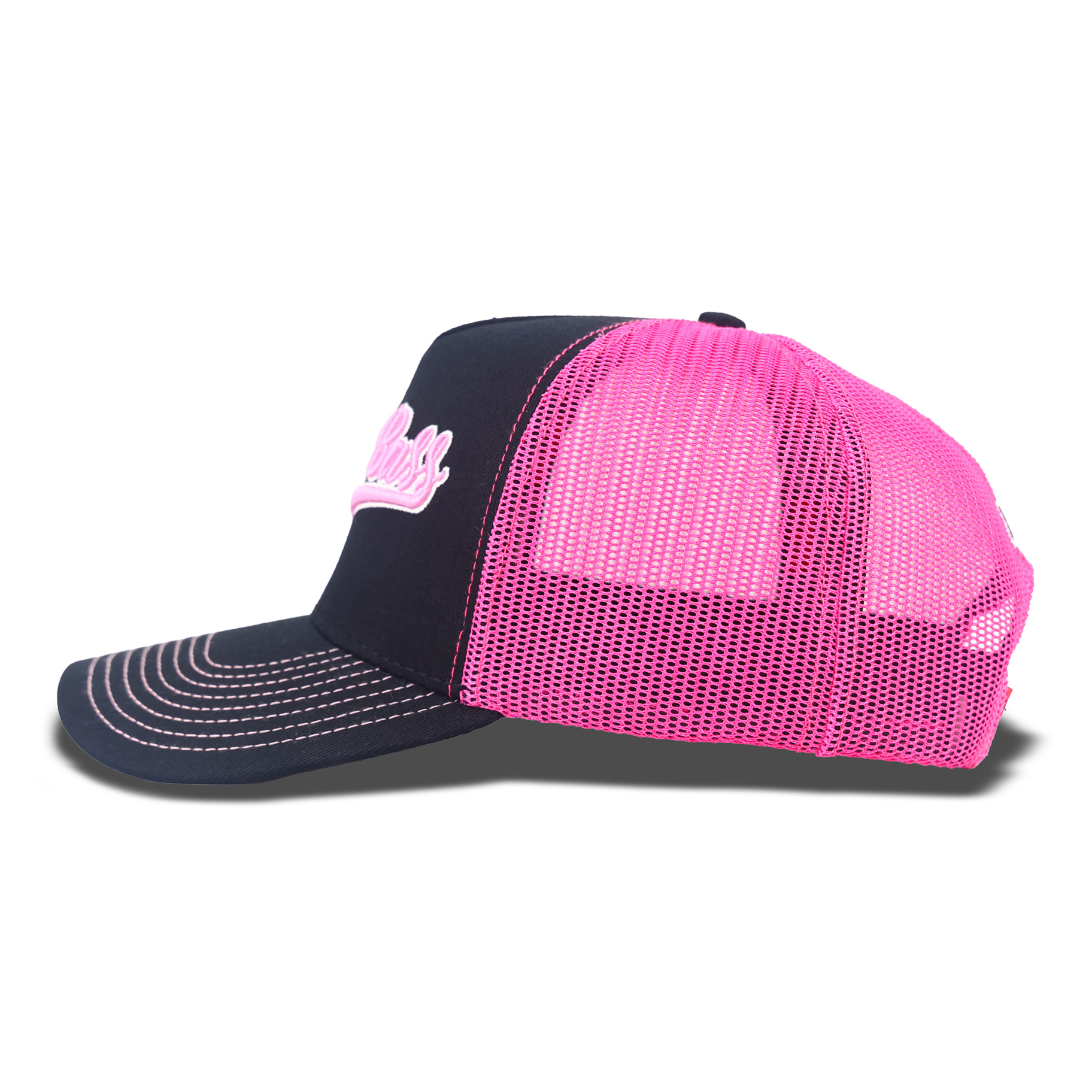 Black Pink Script Embroidered Mesh Trucker Cap