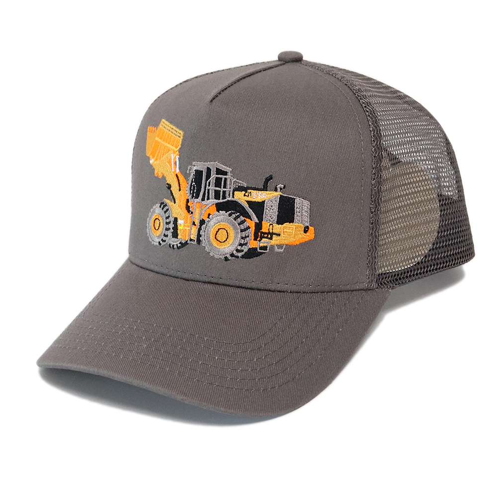 Grey Construction Vehicle Embroidered Logo Mesh Trucker Cap