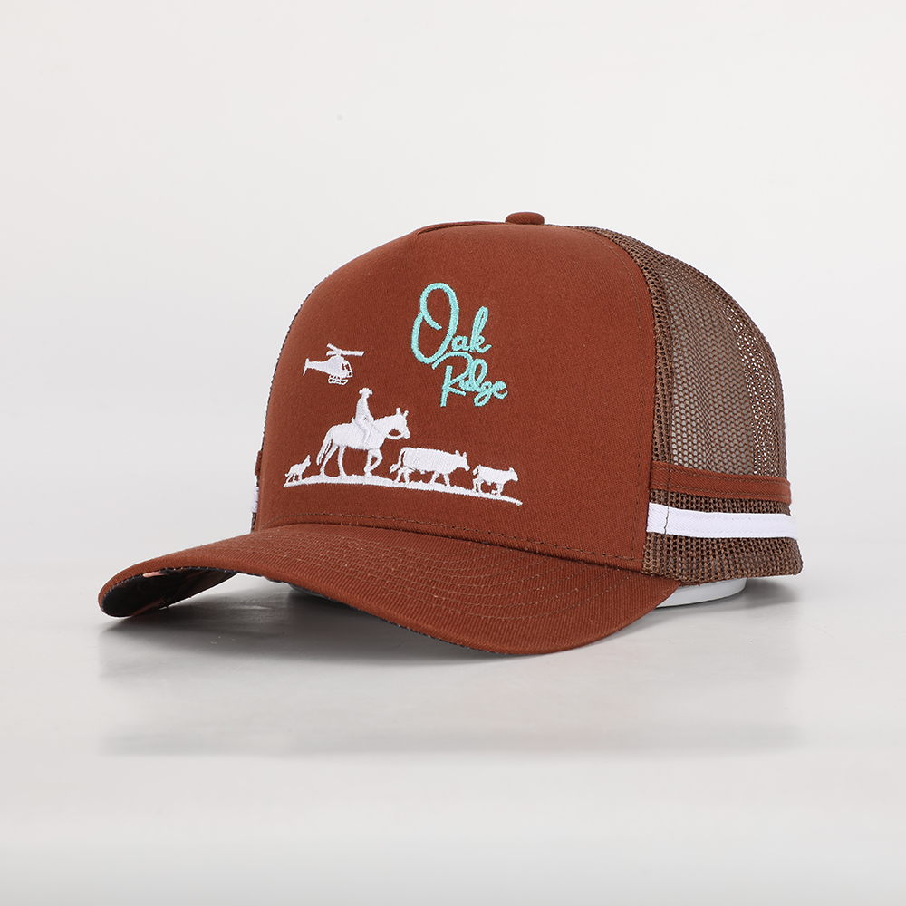 Brown Cotton Mesh Trucker Hat with Ranch Animal Embroidered Logo