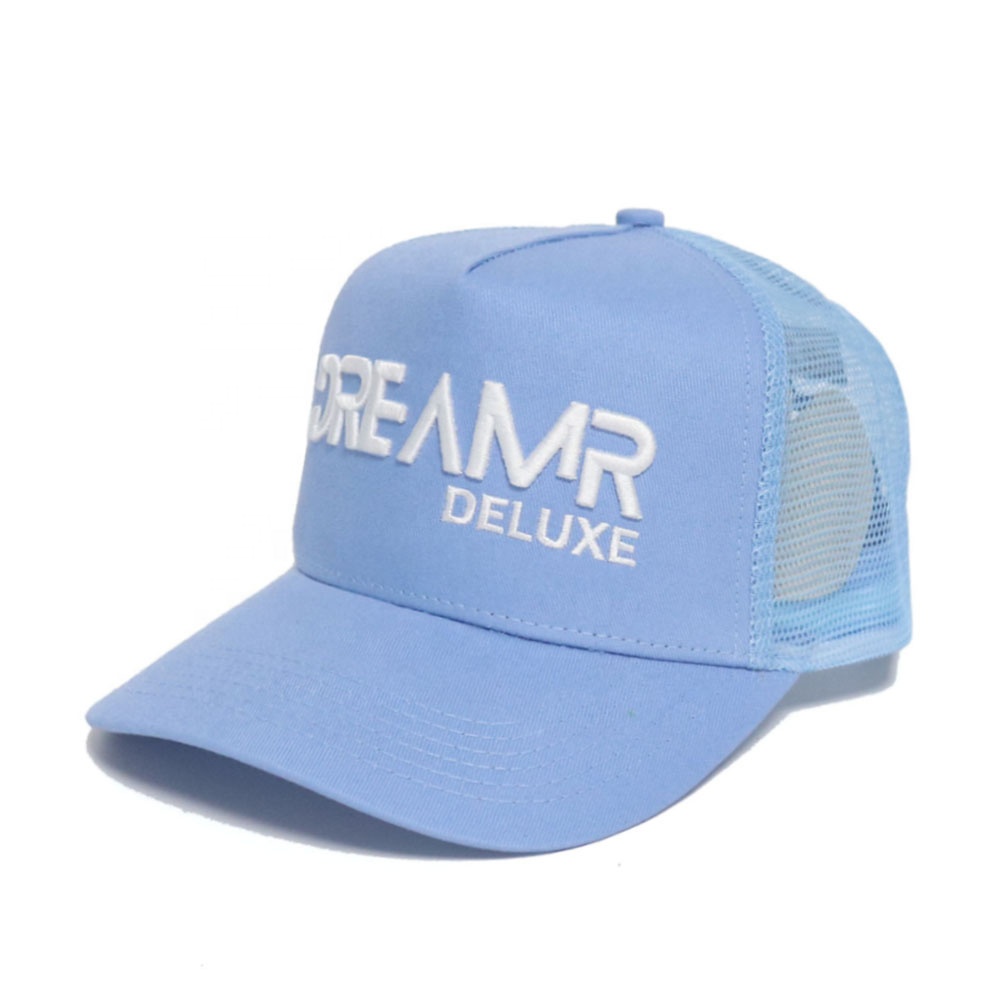 Light Blue 5-Panel Mesh Trucker Hat with White Embroidery