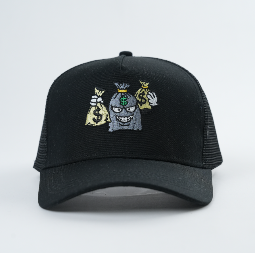 Black 5 Panel Trucker Hat with Embroidered Money Bag Cartoon Logo