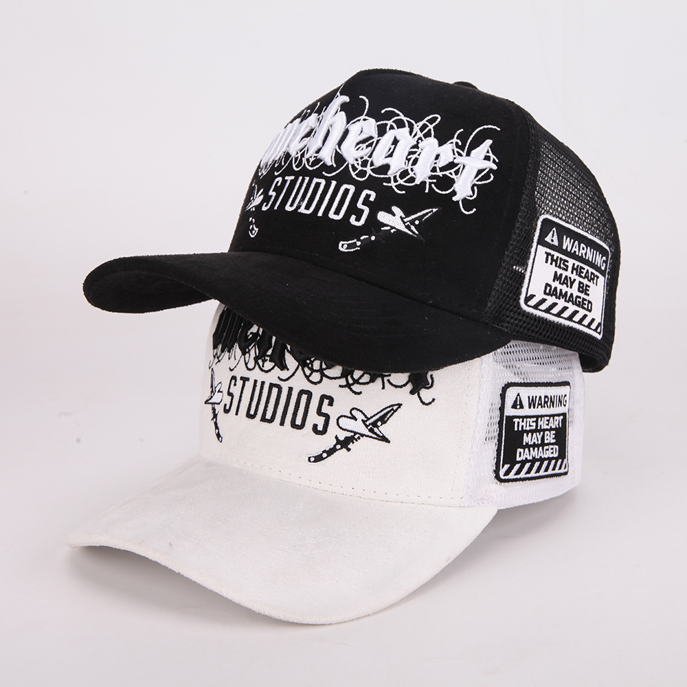 Black & White 5-Panel Cotton Trucker Hat with 3D Embroidered Studio Graphic, Warning Side Patch, Mesh Back and Curved Brim – Unisex Streetwear Cap