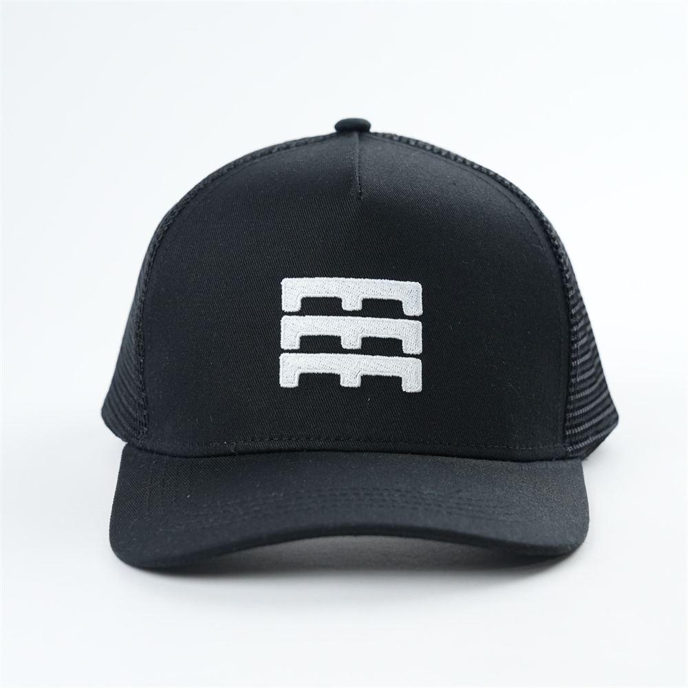 Black 5 Panel Mesh Trucker Cap with White Embroidered Logo