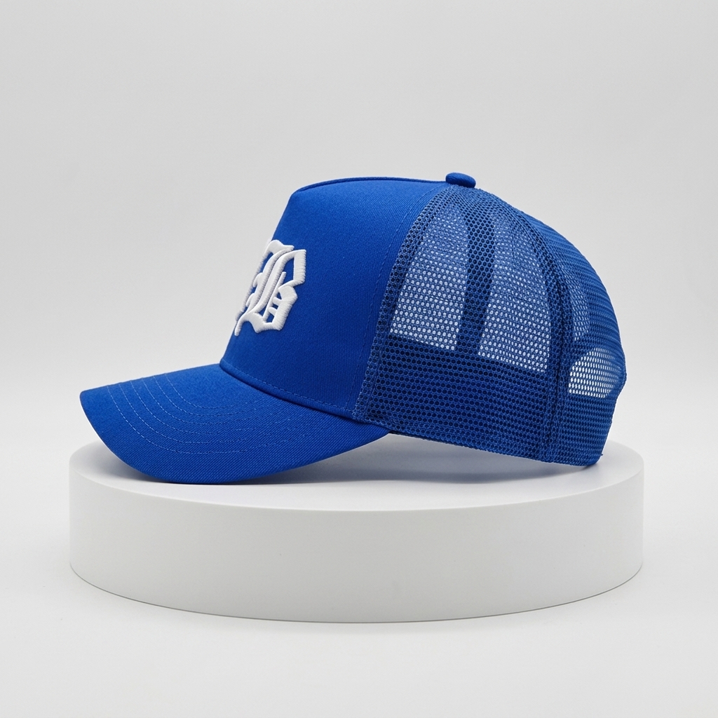 Royal Blue Mesh-Back Trucker Cap with Raised White Gothic DB Embroidery