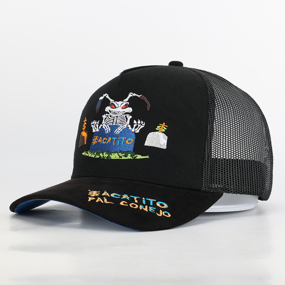 Black 5-Panel Mesh Trucker Cap with Skeleton Graveyard Embroidery – Curved Brim Streetwear Hat