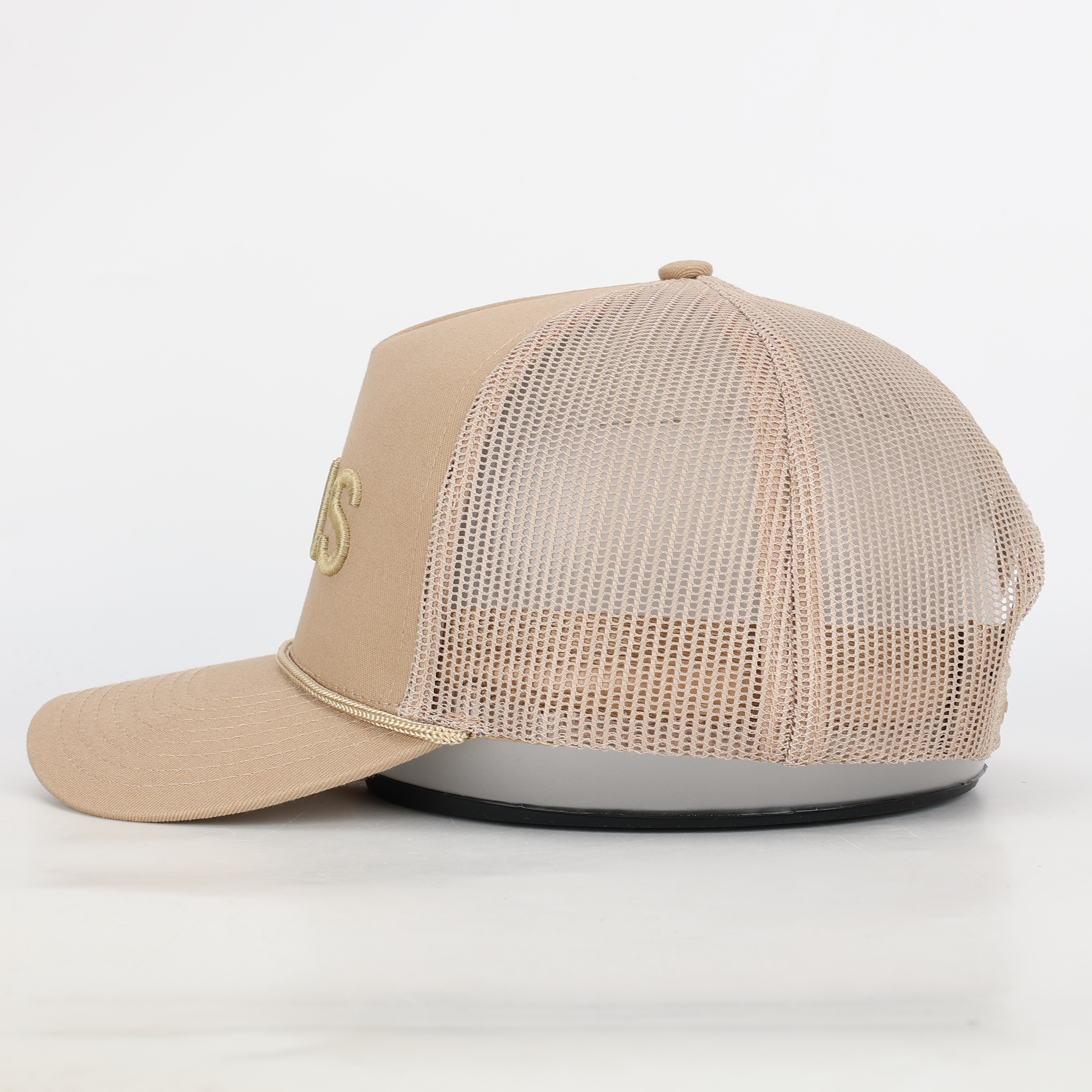 Beige Cotton Mesh Trucker Hat with Embroidered V Logo