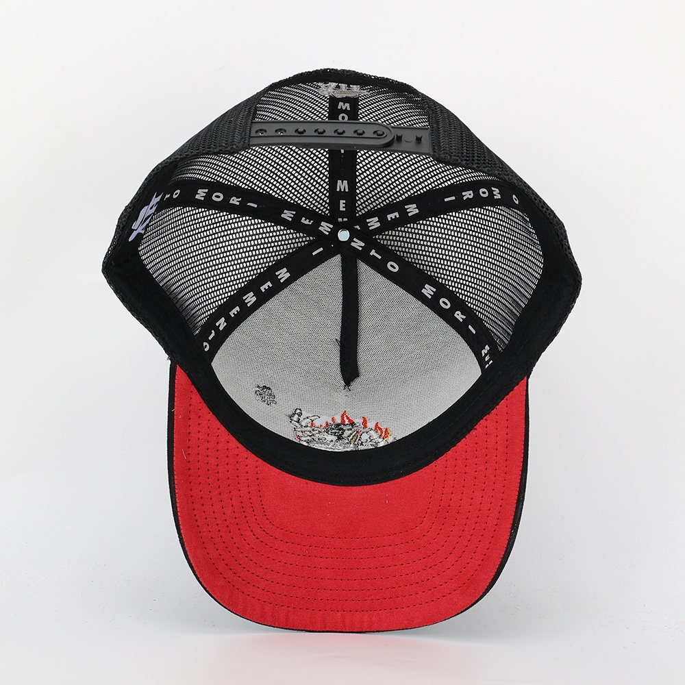 Black 5-Panel Mesh Trucker Cap with Multicolor Graphic Embroidery – Curved Brim Streetwear Hat