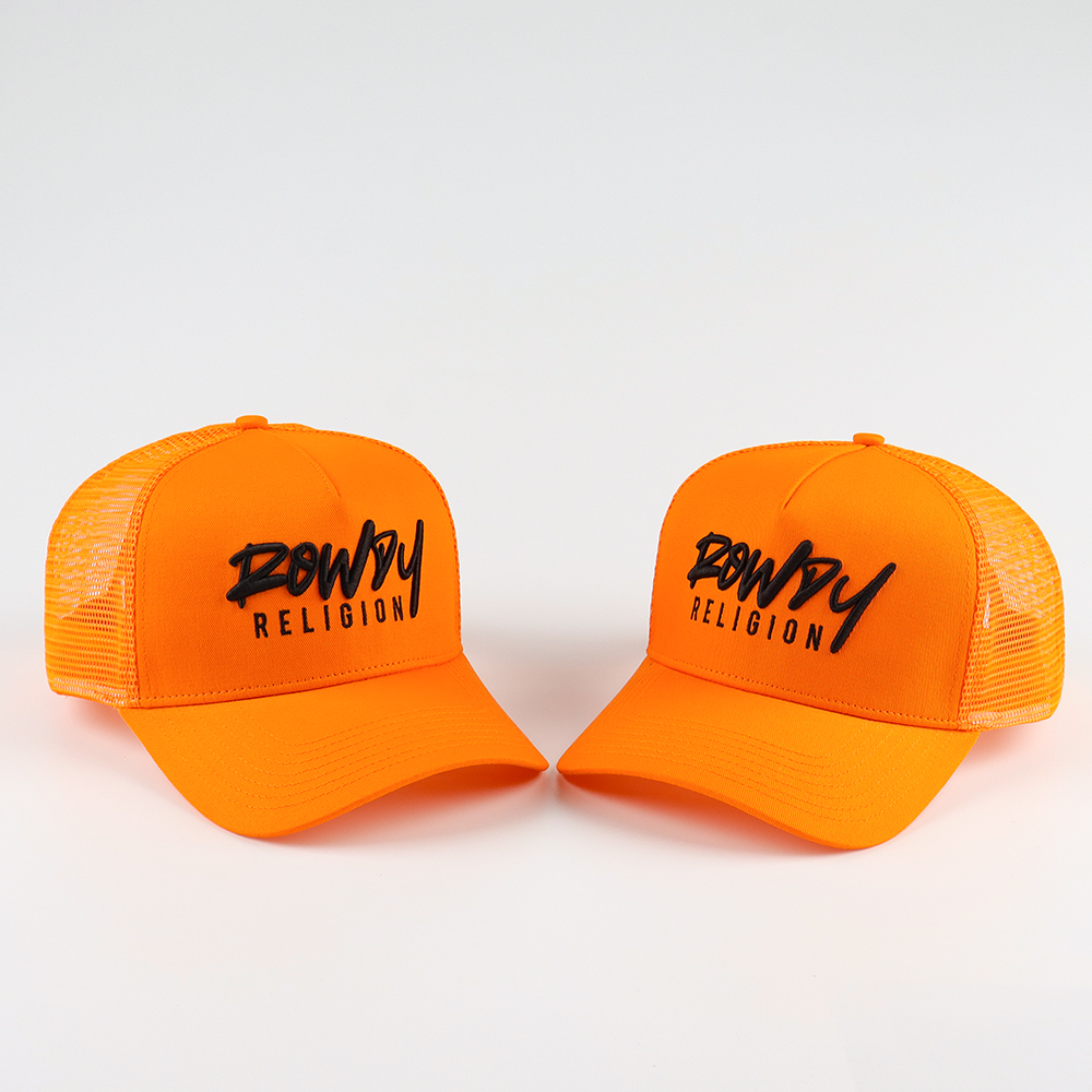 Neon Orange Foam Mesh Trucker Hat with 3D Black Embroidery