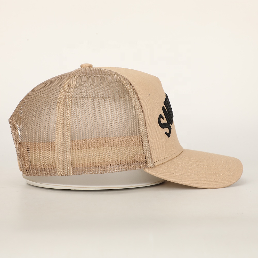 SAINT FAITH Beige 5-Panel Cotton Mesh Trucker Hat with Embroidered Letter Logo