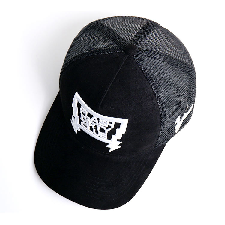 Black Suede Front Mesh Trucker Cap with Bold White Embroidered Graphic