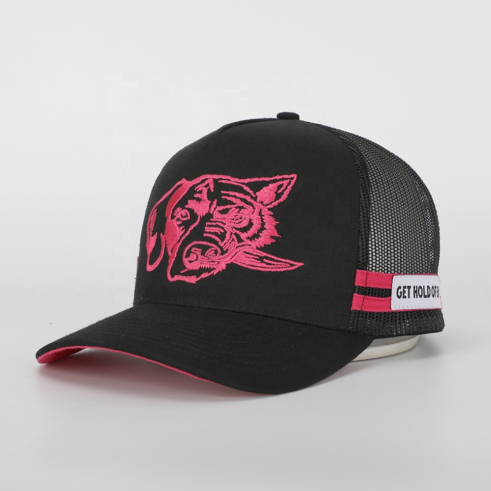 Black and Pink Embroidered Animal Graphic Cotton Trucker Hat