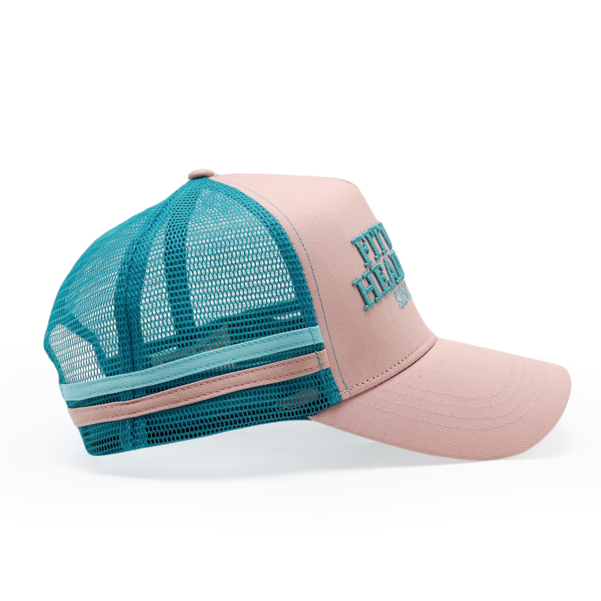 Pink and Teal Five-Panel Mesh Trucker Cap with Raised Letter Embroidery