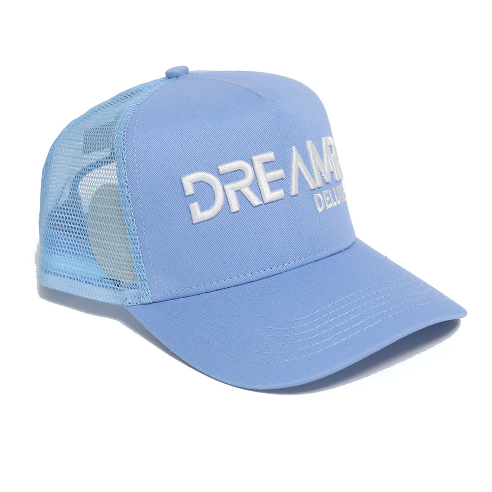 Light Blue 5-Panel Mesh Trucker Hat with White Embroidery