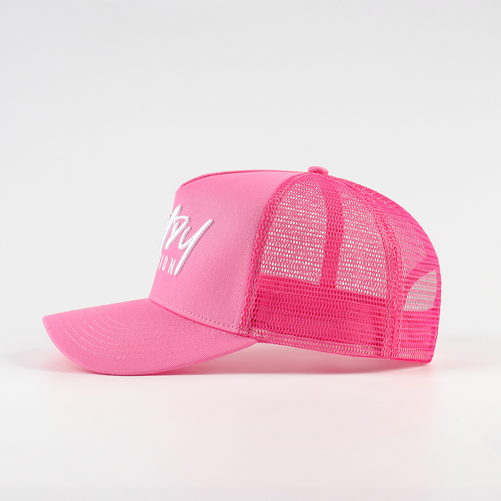 Bright Pink 5-Panel Mesh Trucker Cap with White Script Embroidery