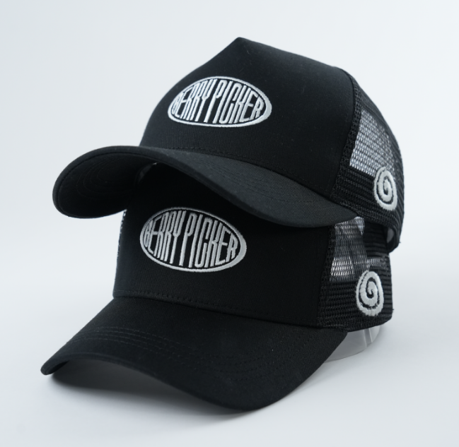 Black Mesh Trucker Cap with White Oval Embroidered Letter Logo