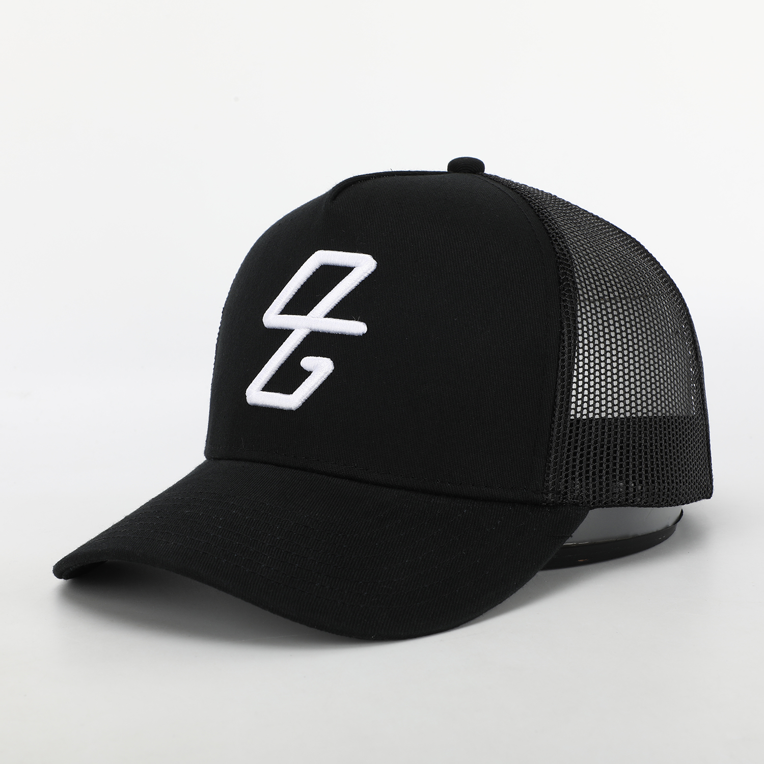 Black Mesh Trucker Cap with White Raised Logo Embroidery