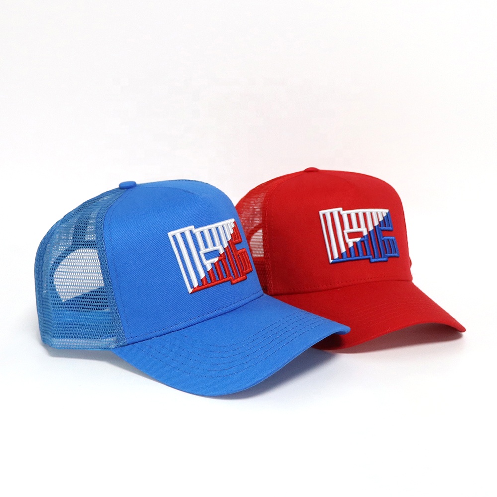 Red and Blue 5-Panel Mesh Trucker Hats with 3D Embroidery