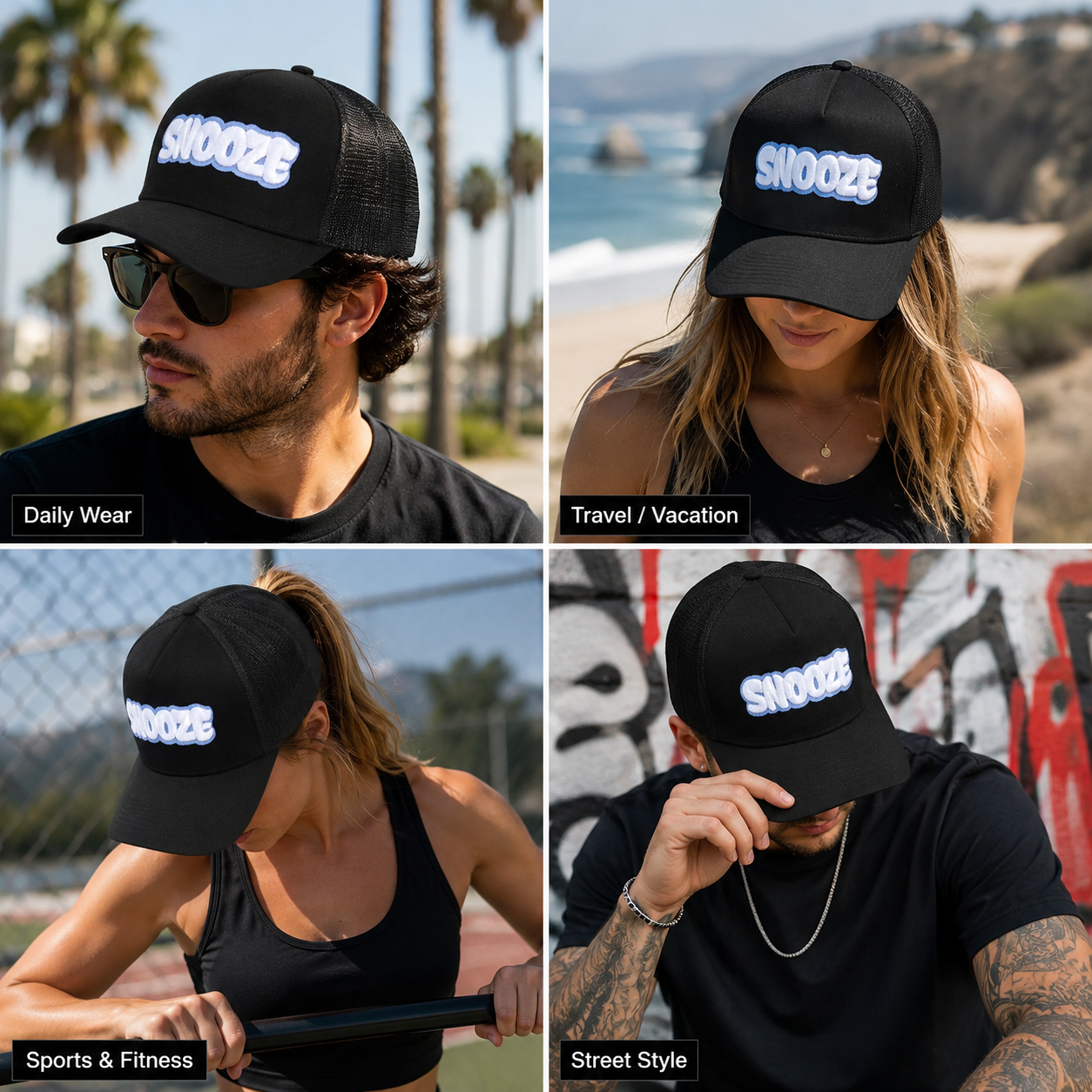 SNOOZE 3D Puff Embroidered Black Mesh Trucker Cap