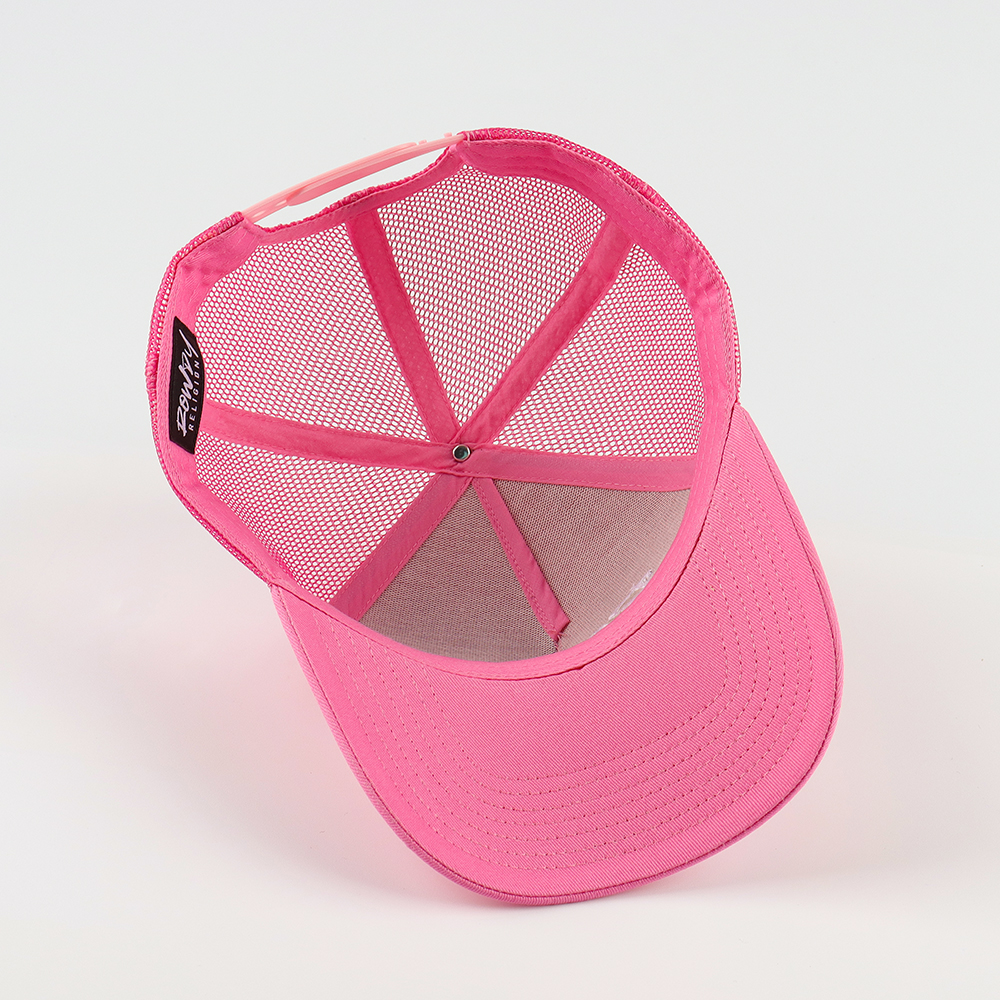Bright Pink 5-Panel Mesh Trucker Cap with White Script Embroidery