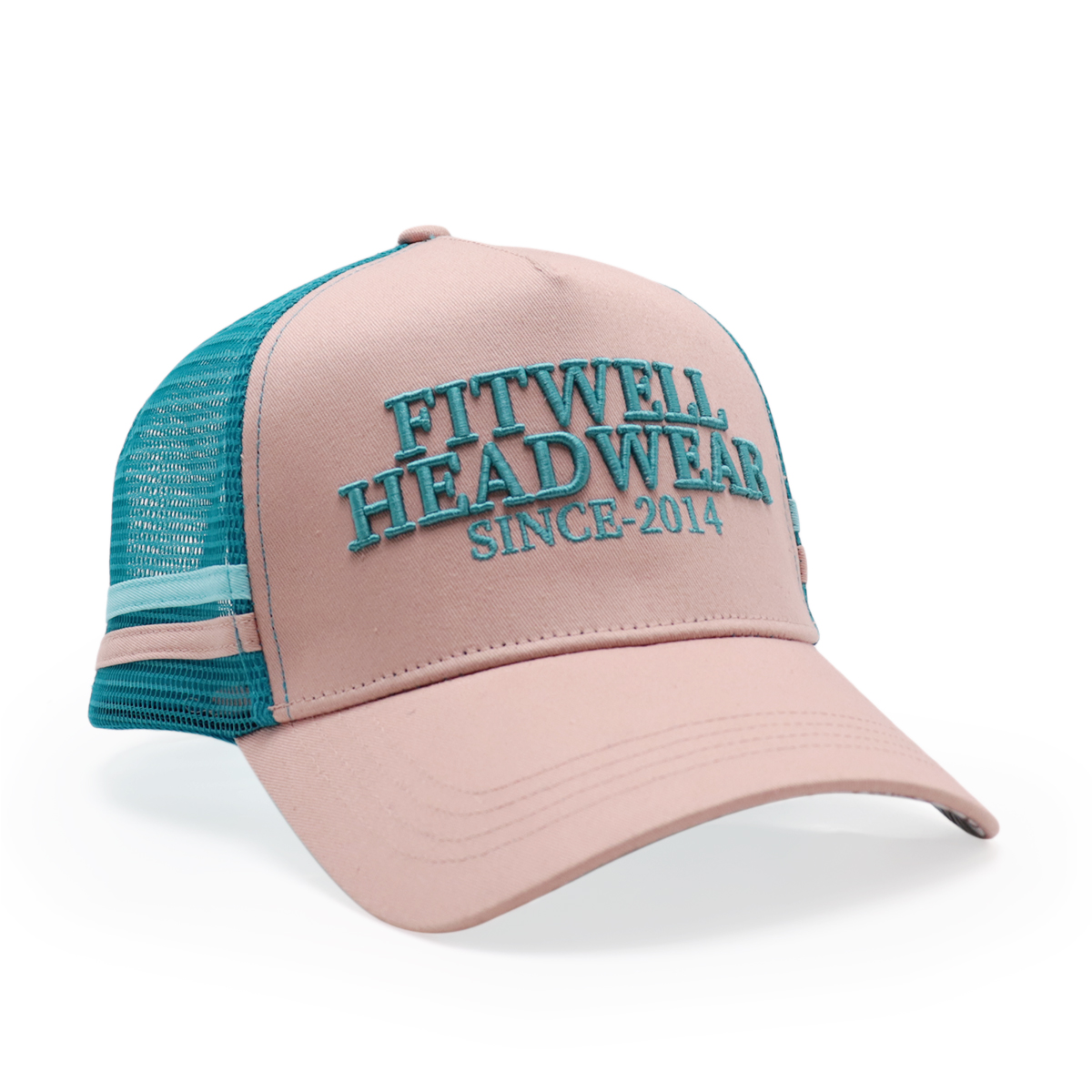 Pink and Teal Five-Panel Mesh Trucker Cap with Raised Letter Embroidery