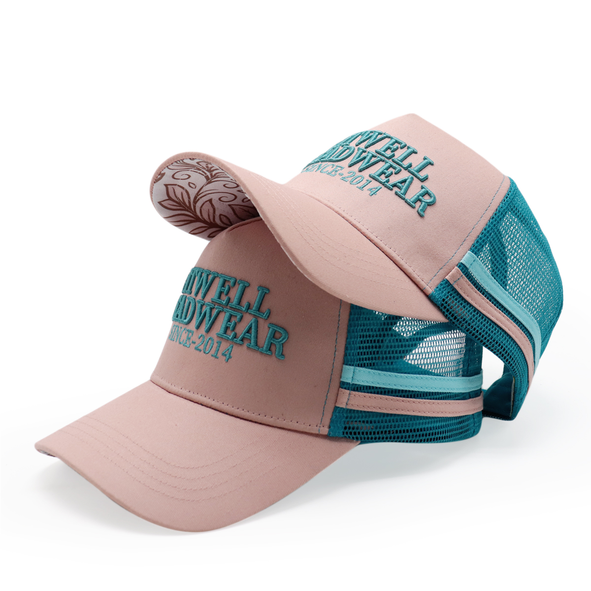 Pink and Teal Five-Panel Mesh Trucker Cap with Raised Letter Embroidery