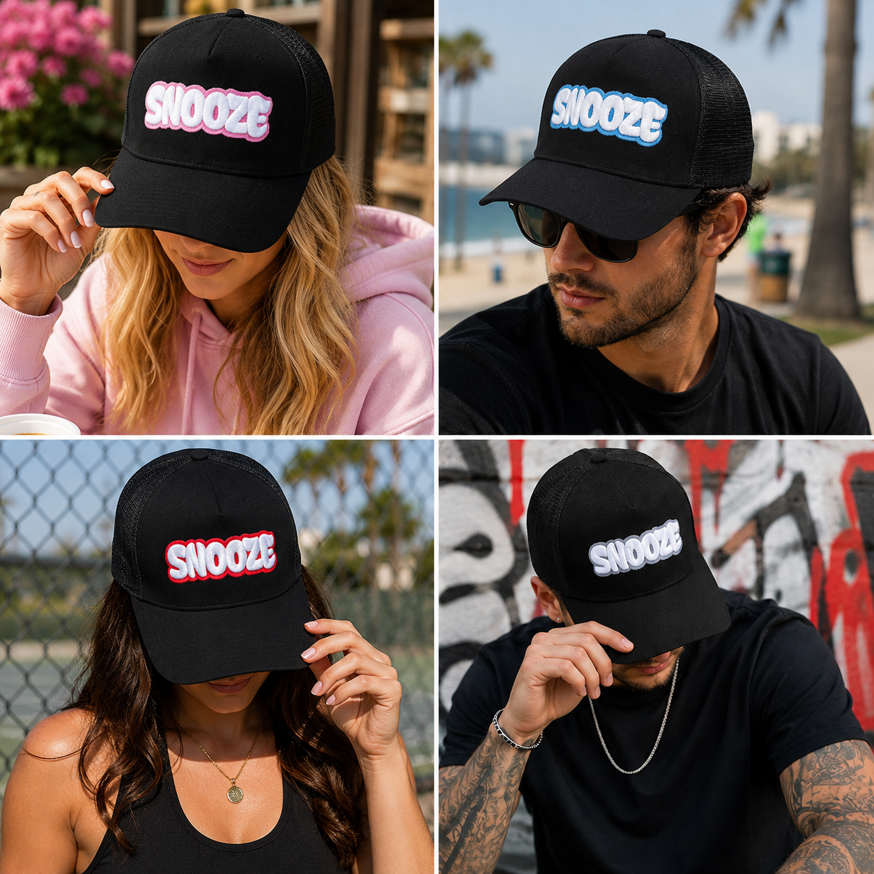 SNOOZE 3D Puff Embroidered Black Mesh Trucker Cap