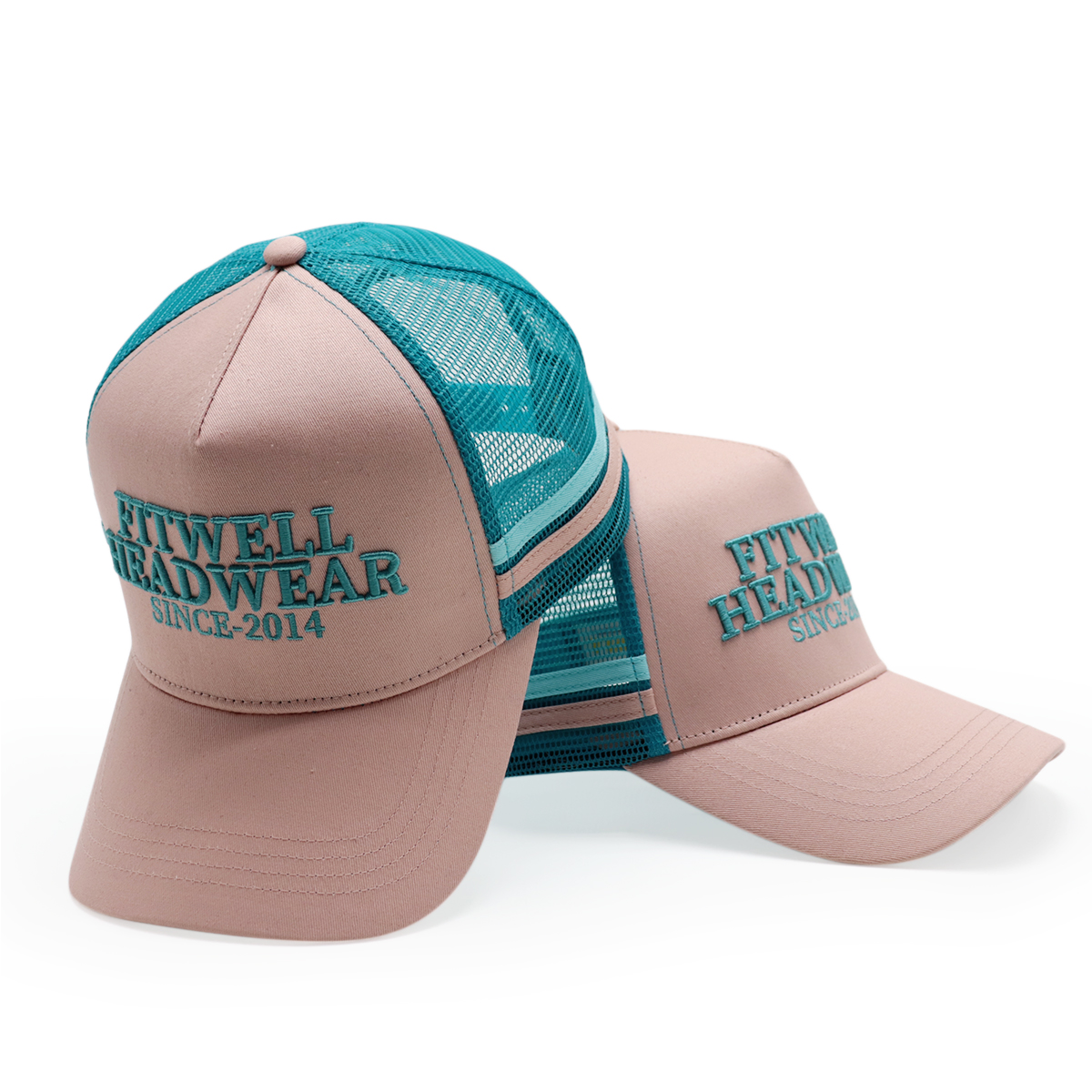 Pink and Teal Five-Panel Mesh Trucker Cap with Raised Letter Embroidery