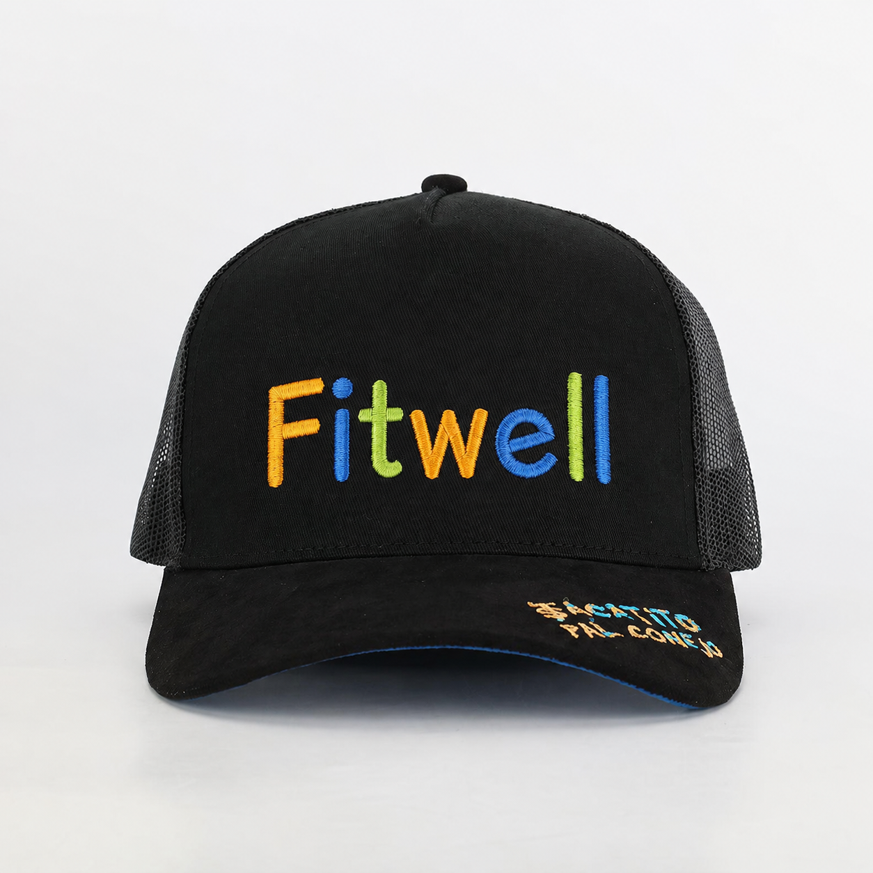 Black 5-Panel Mesh Trucker Cap with Skeleton Graveyard Embroidery – Curved Brim Streetwear Hat