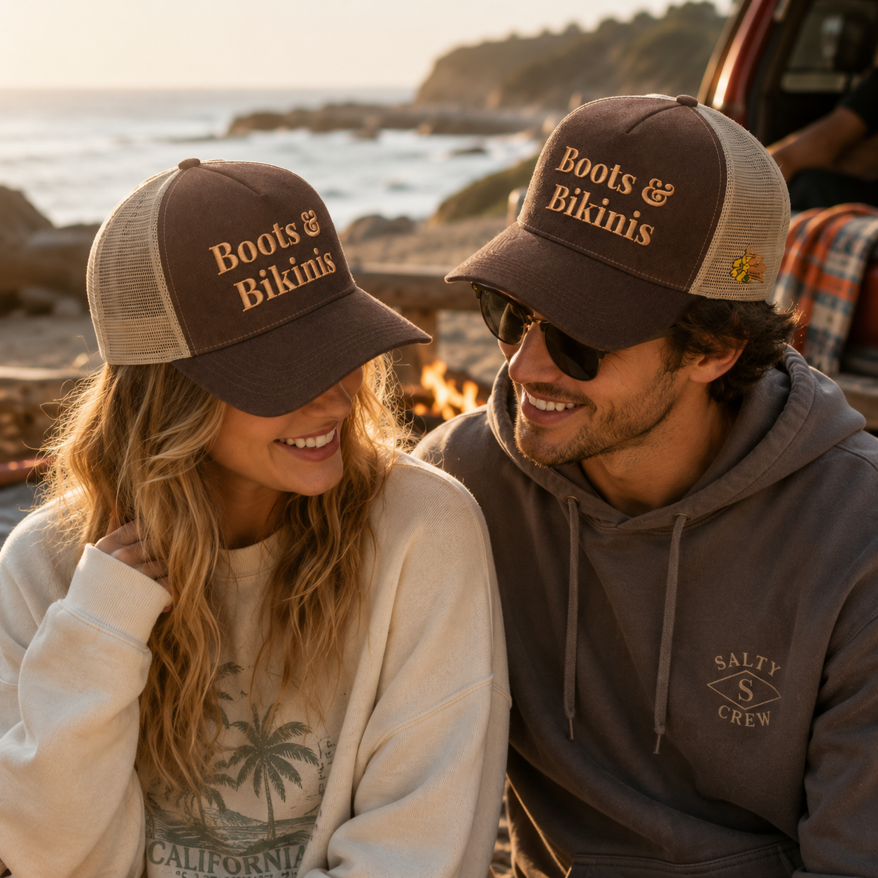 Brown Five-Panel Mesh Trucker Cap with Gold Slogan Embroidery