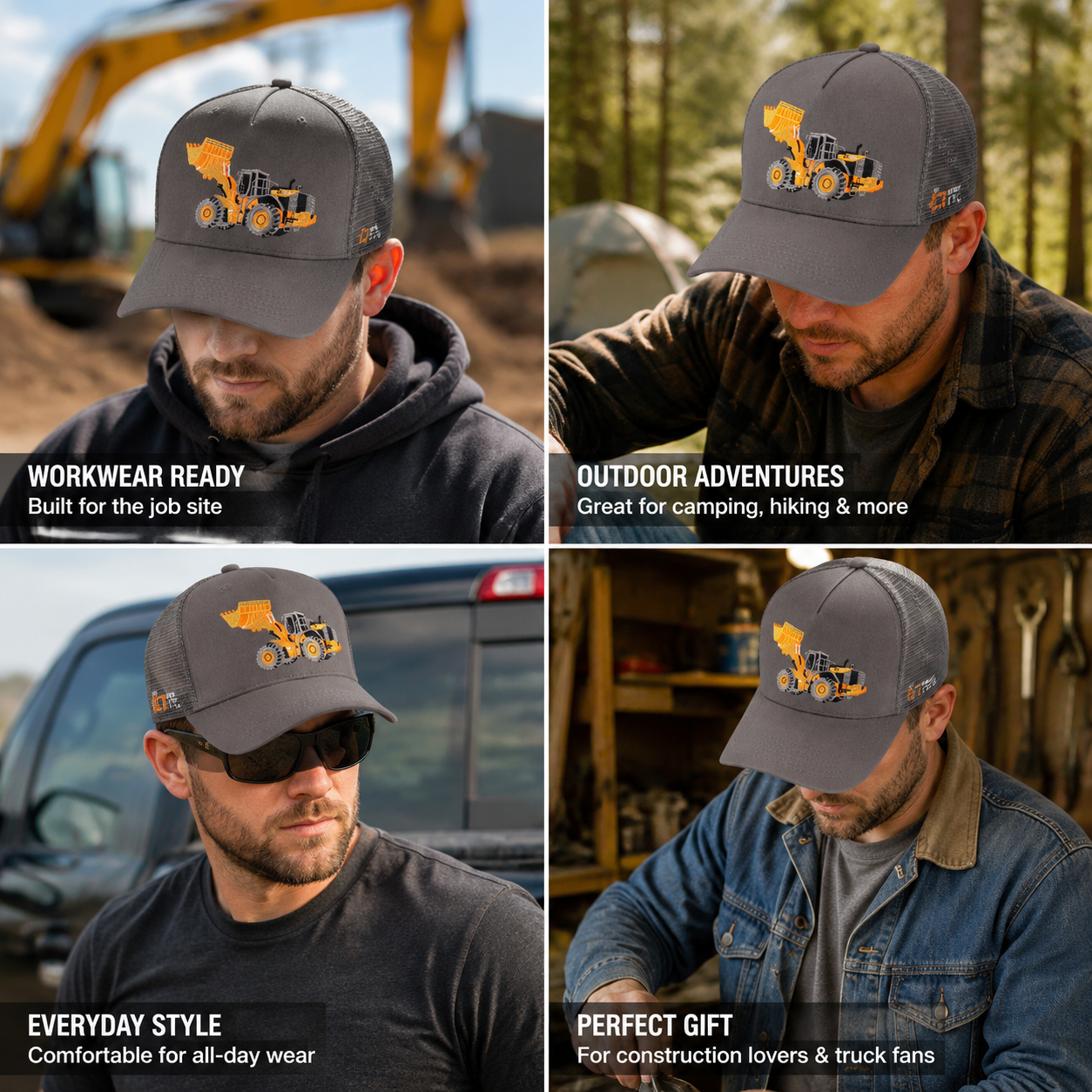 Grey Construction Vehicle Embroidered Logo Mesh Trucker Cap