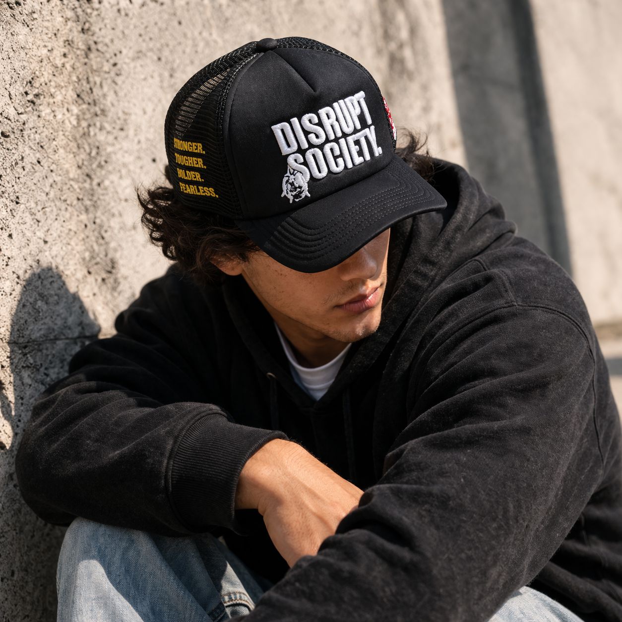 Black Foam Trucker Cap with Bold 3D Embroidered Slogan Logo