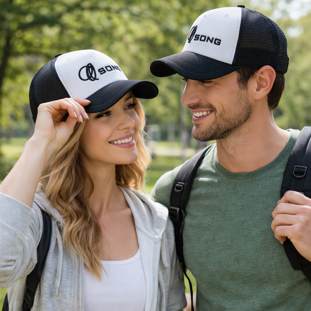 Black White Mesh Trucker Cap with Raised Embroidered Logo Snapback Hat